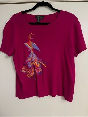 Lauren Ralph Lauren Magenta Short-Sleeve Tee with Embroidered Peacock